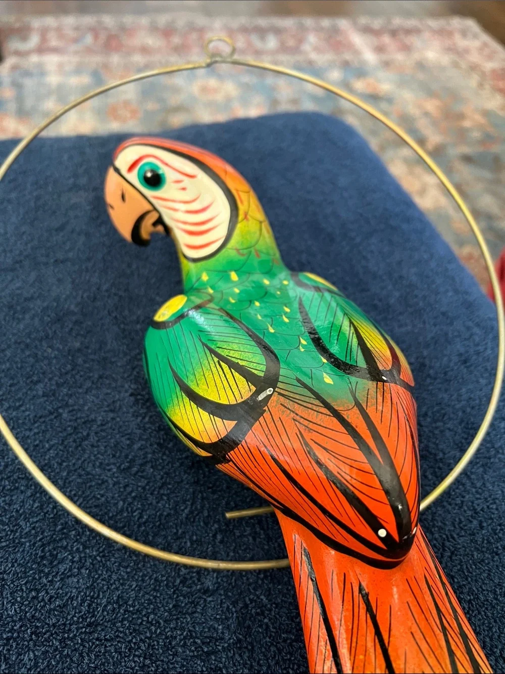 Colorful Parrot Hanging Bird Decor in Green and Orange - Ceramic Pottery